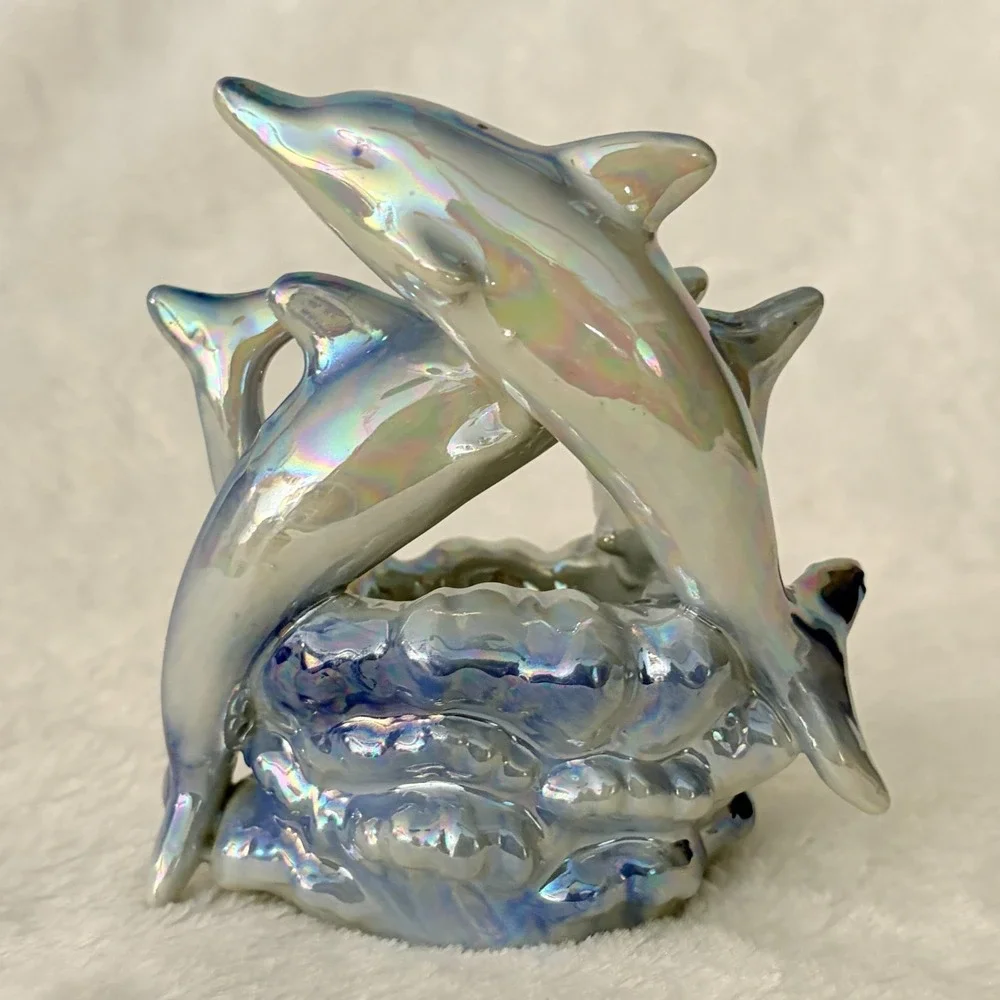 Iridescent Blue Ceramic Dolphin Family Statue Nautical Beach House Decor Vintage